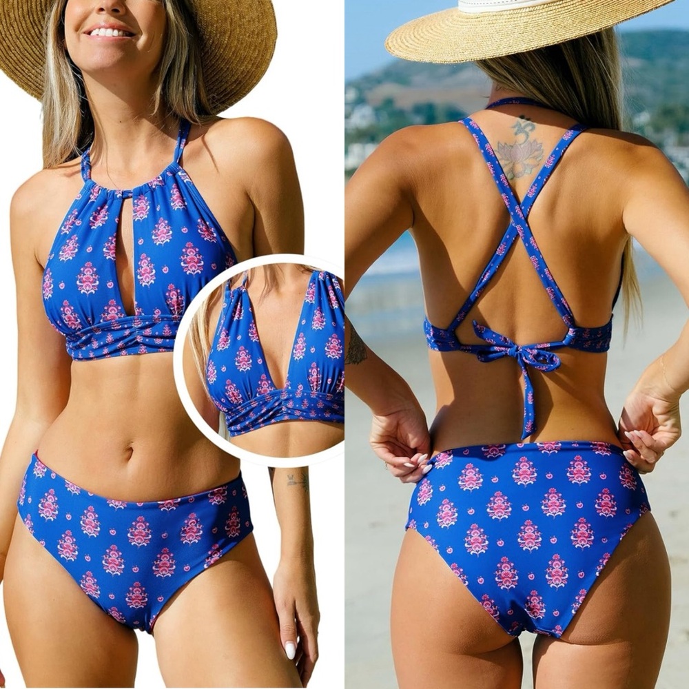 Bikini Sets Two Piece Swimsuit‎ Mid Rise Cutout Drawstring Crisscross Back Tie